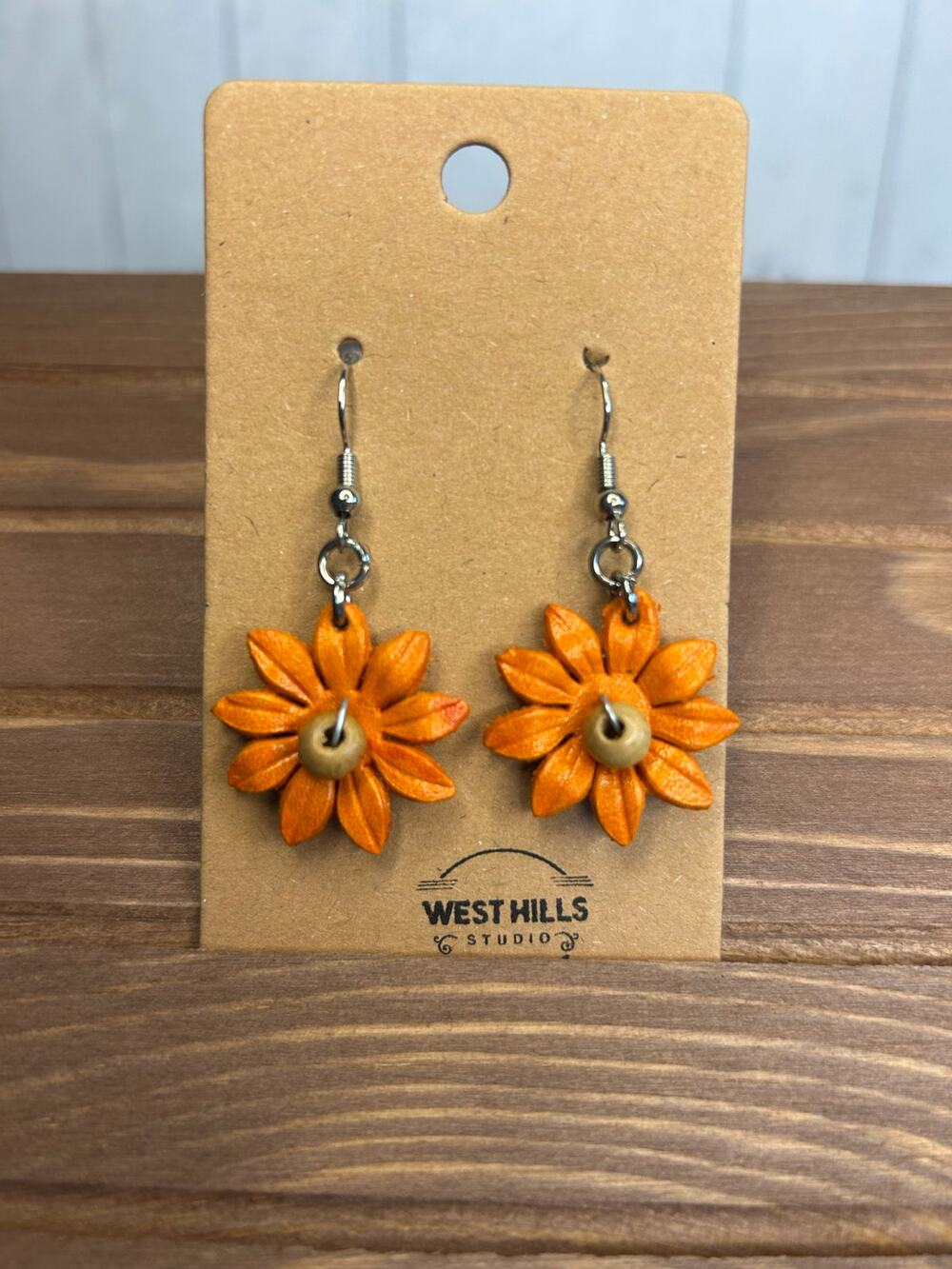 Genuine Leather Flower Earrings Orange Gerbera Daisy Dangle Earrings NEW!